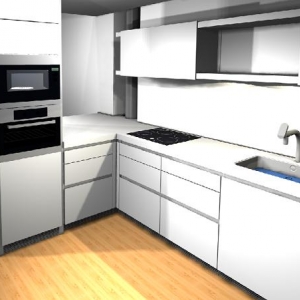 Abbildung der Planungssoftware. So sollte die Küche fertig aussehen. Das nächste Bild zeigt, dass Perspektive und Ausführung perfekt geraten sind.