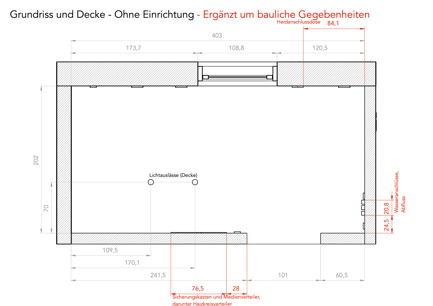 Grundriss und Decke - Ohne Einrichtung - Ergänzt um bauliche Gegebenheiten
