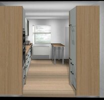 Blick vom Flur mit 60 cm Tisch 238 cm Kühlschrank.JPG