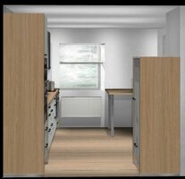 Blick vom Flur mit 80 cm Tisch und 175 Kühlschrank.JPG