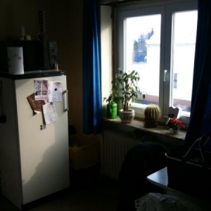 Alte Küche, nicht aufgeräumt ( Blick auf den Kühlschrank, Fenster)
