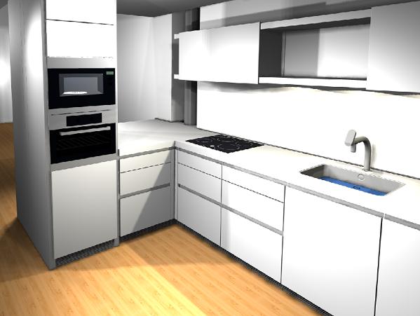 Abbildung der Planungssoftware. So sollte die Küche fertig aussehen. Das nächste Bild zeigt, dass Perspektive und Ausführung perfekt geraten sind.